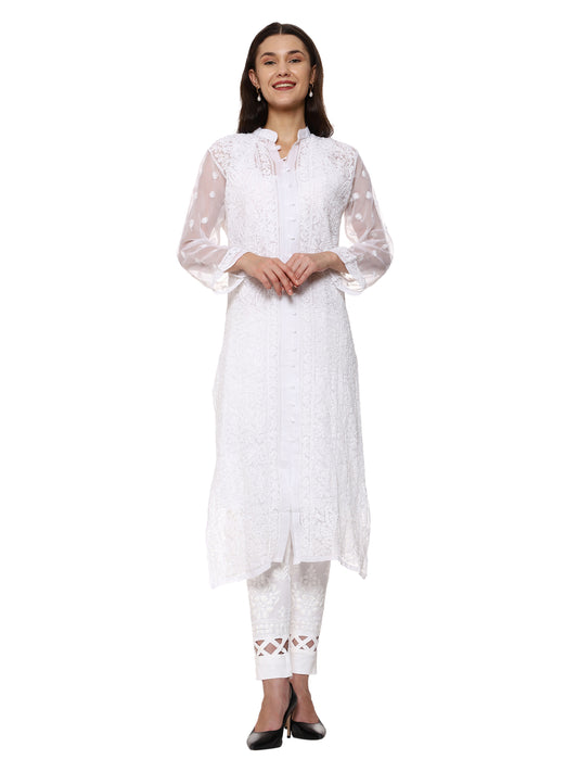 Awadhmart Lucknowi Chikankari hand embroidered full Jaal work Georgette Front and Back Kurti with Inner