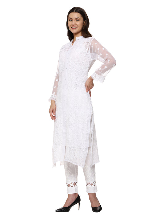 Awadhmart Lucknowi Chikankari hand embroidered full Jaal work Georgette Front and Back Kurti with Inner