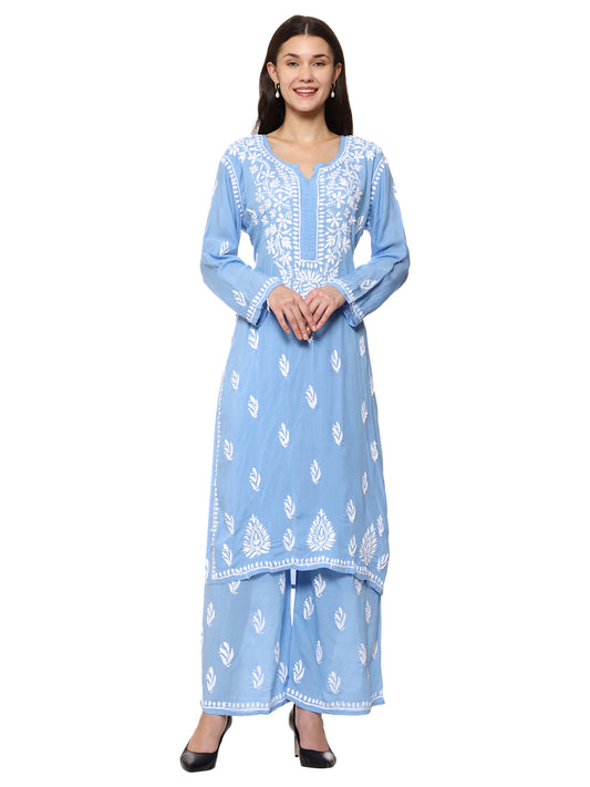 Awadhmart Lucknowi chikankari hand embroidered soft cotton modal kurti with plazo