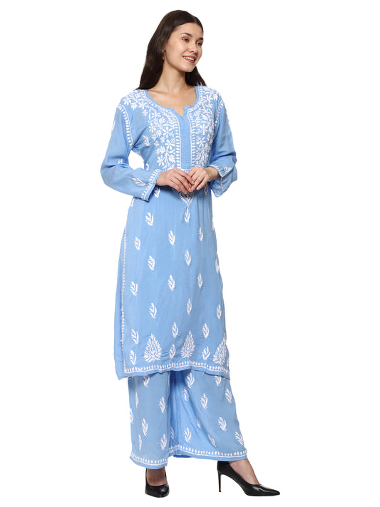 Awadhmart Lucknowi chikankari hand embroidered soft cotton modal kurti with plazo
