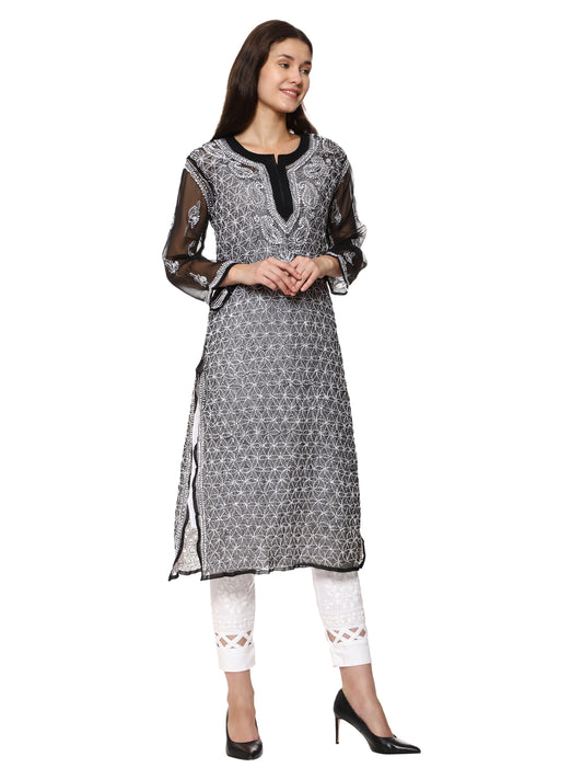 Awadhmart Lucknowi Chikankari hand embroidered full Jaal work Georgette Front and Back Kurti with Inner