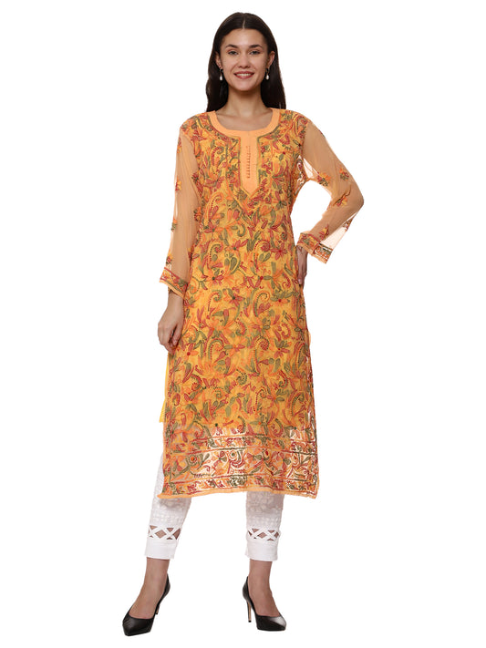 Awadhmart Lucknowi Chikankari Hand Embroidered Resham Multi Work Kurti with inner