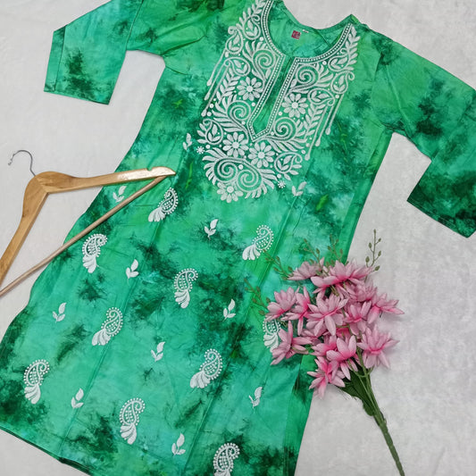 Awadhmart chikankari Tie & Dye Machine Work Kurti - Sea Green