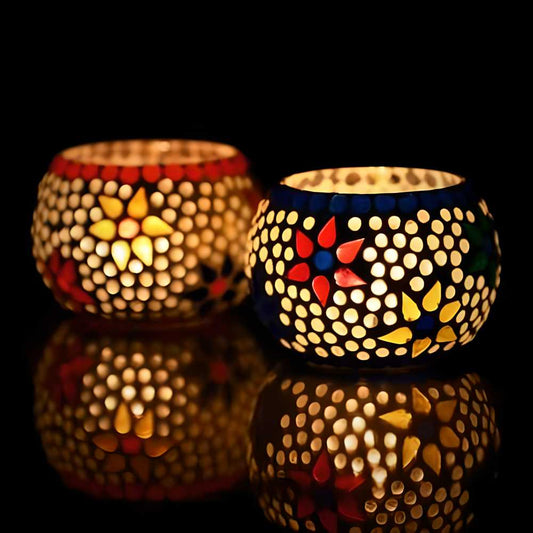 Awadhmart Set of 2 Mosaic Glass Decorative Tea Light Holder