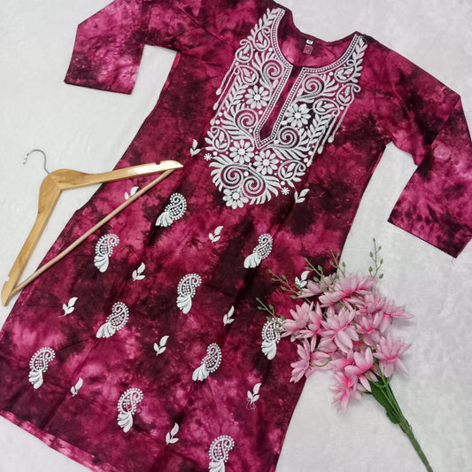 Awadhmart Rayon Tie & Dye Chikankari Machine Work Kurti - Magenta Colour
