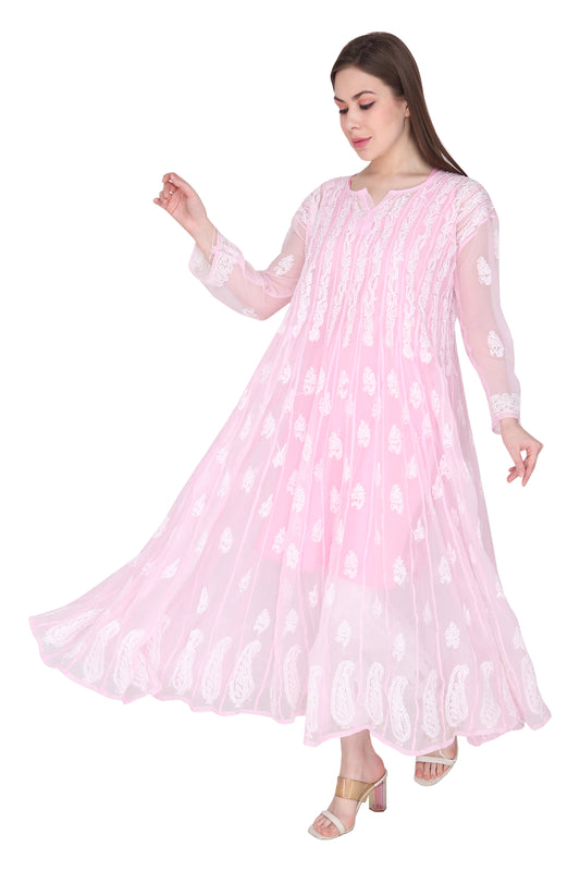 Awadhmart Lucknowi chikankari hand embroidered 56 kali anarkali kurti with inner