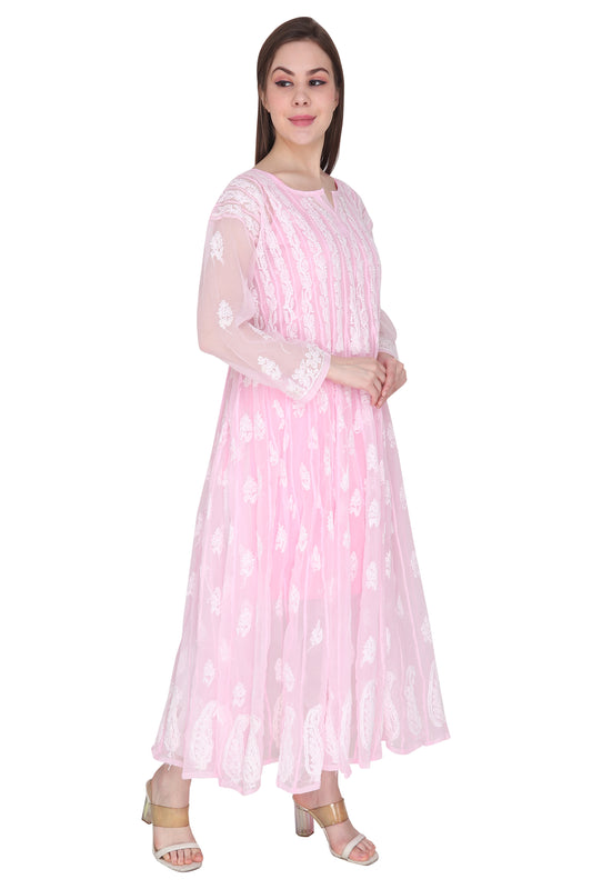 Awadhmart Lucknowi chikankari hand embroidered 56 kali anarkali kurti with inner
