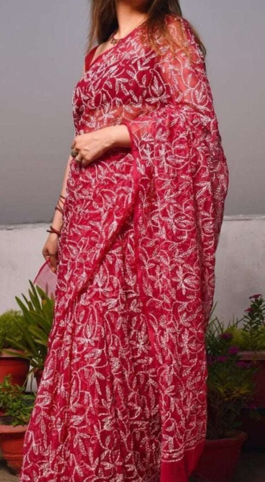 Awadhmart Women's Lucknow Chikankari Tepchi Jaal Allover Hand Embroidery Work (Georgette Saree)