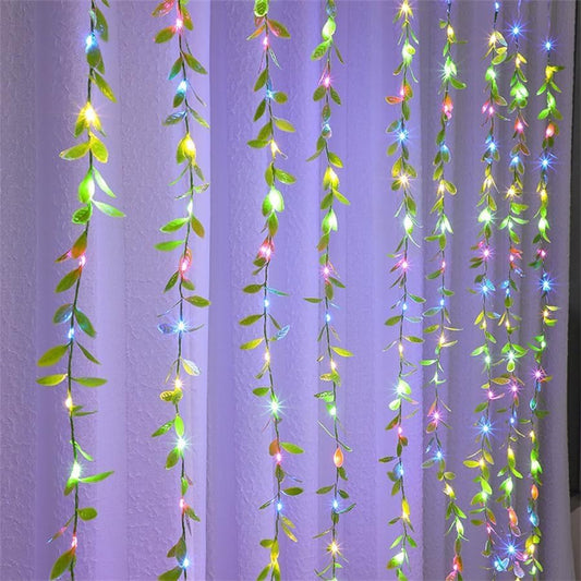 Multi color LED Curtain String Leaf Lights with Artificial Leaves – 8 Modes, Adjustable Brightness, Decorative Fairy Lights for Bedroom, Garden, Festivals & Parties