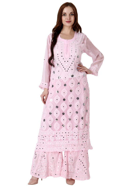 Awadhmart Lucknowi chikankari hand embroidered georgette mirror work kurti with inner