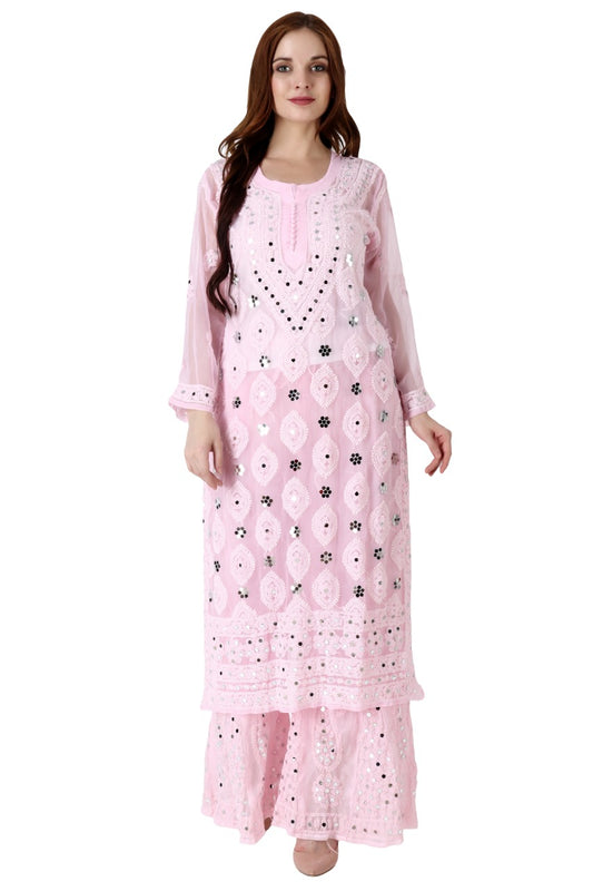 Awadhmart Lucknowi chikankari hand embroidered georgette mirror work kurti with inner