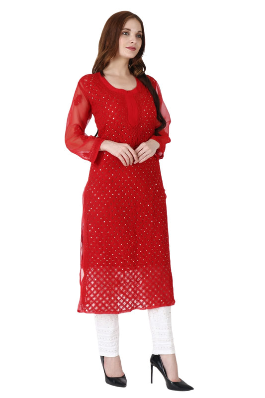 Awadhmart Lucknowi chikankari hand embroidered geo rgette mukaish work kurti with inner