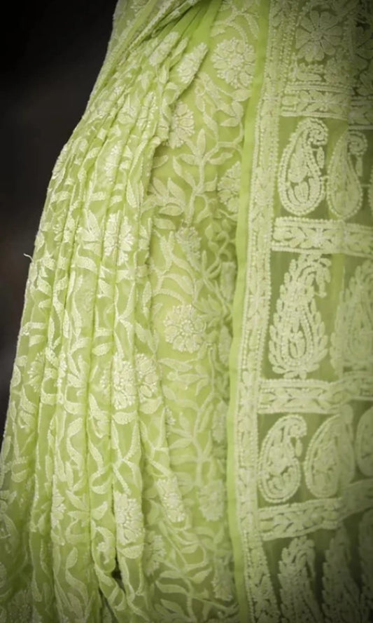Awadhmart Lucknowi Chikankari hand embroidered full Jaal work Georgette Saree