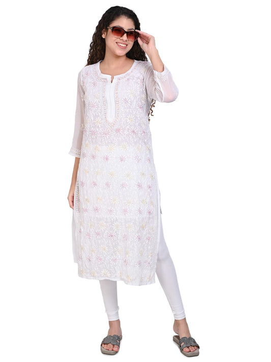 Awadhmart Lucknowi Hand Embroidered Chikankari Straight Georgette White Stone Kurti with inner for Women