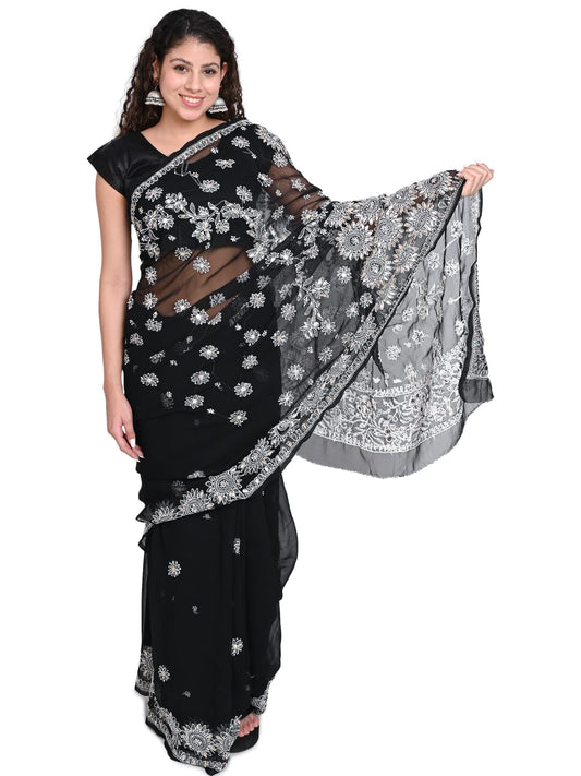 Awadhmart Lucknowi Chikankari Hand Embroidered Gotta Patti Work Saree With Blouse
