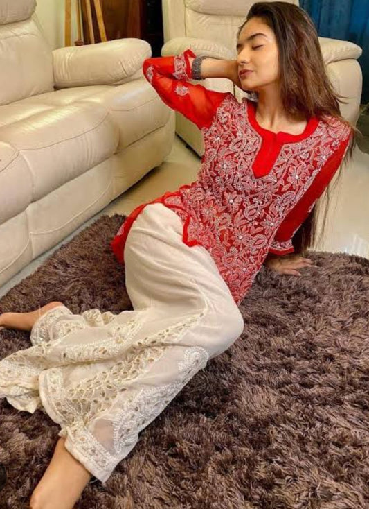 Awadhmart Hand Embroidered Lucknowi Chikankari Faux Georgette Top Short Kurti Tunic with Slip for Women