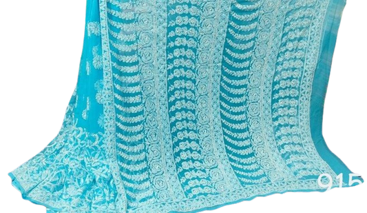 Awadhmart Lucknowi Chikankari Hand Embroidered Georgette skirt jaal Saree