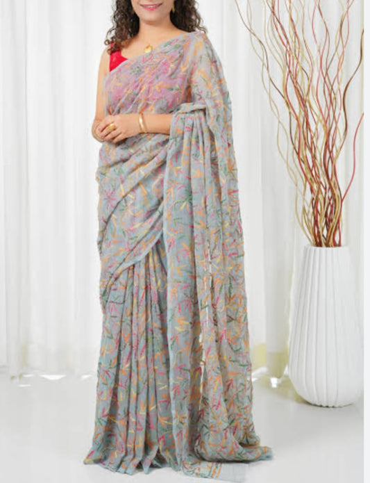 Awadhmart Tepchi Lucknowi Chikankari Georgette Saree Multi Colour