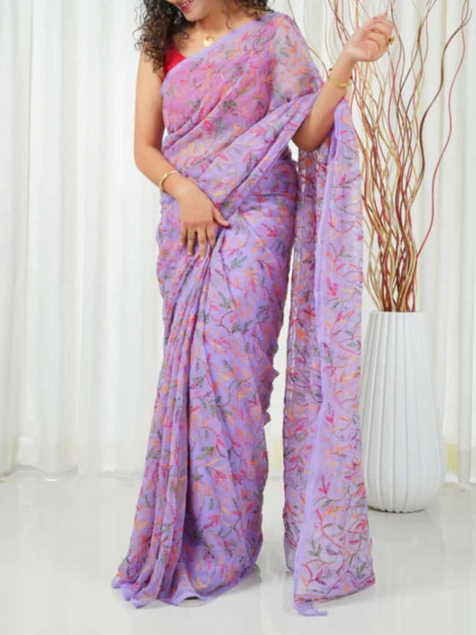 Awadhmart Tepchi Lucknowi Chikankari Georgette Saree Multi Colour