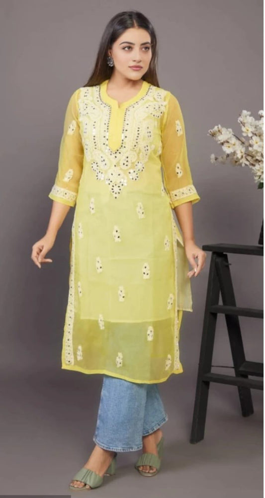 Awadhmart Women's Chiffon Straight Mirror Kurti with Matching Inner