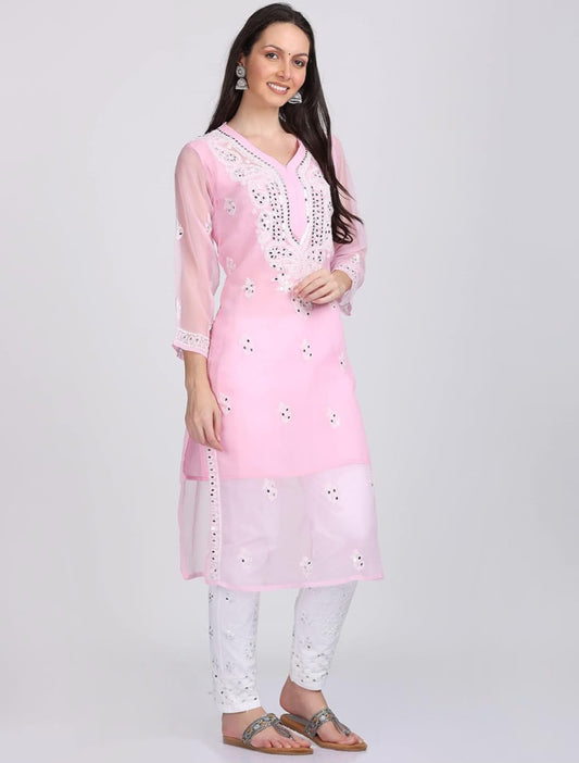 Awadhmart Women's Chiffon Straight Mirror Kurti with Matching Inner