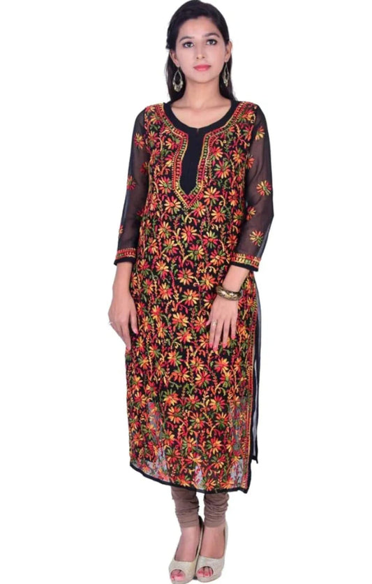 Awadhmart Women Hand Embroidered Lucknowi Chikankari Georgette kurti with inner