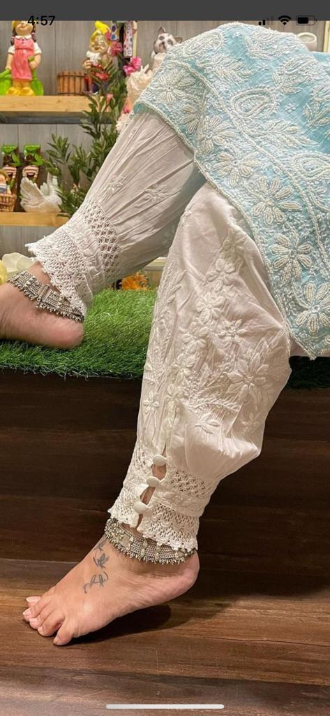 Awadhmart Chikankari Women's White Afghani Chikankari Lycra Pant - Comfortable, Stylish, Afghani Design Pant - White