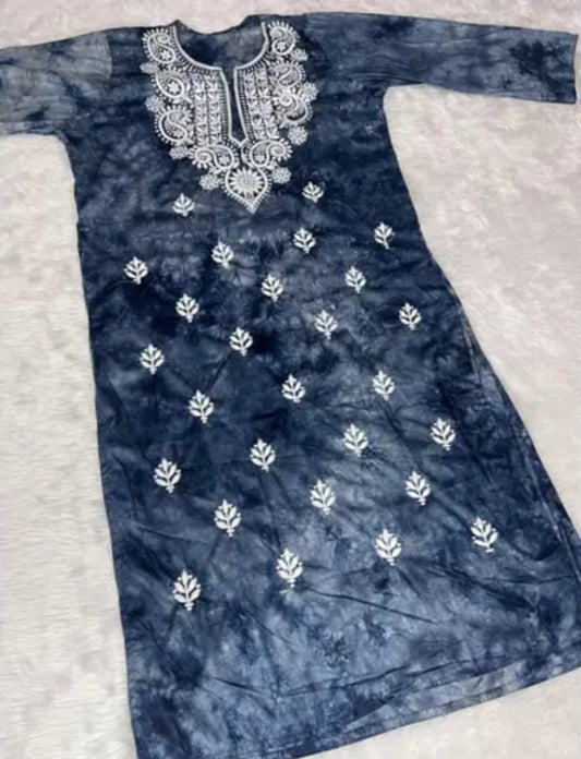 Awadhmart Women’s Ethnic Modish Tie and Dye Rayon Kurta with Broad Sleeves and Fine Chikankari Aari Embroiderey