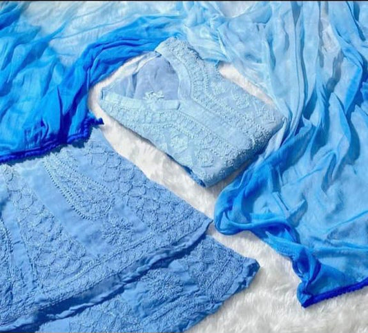 Awadhmart Lucknowi Chikankari Georgette Ombre kuri Plazo Set with inner