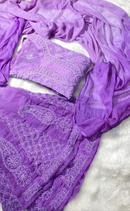 Awadhmart Lucknowi Chikankari Georgette Ombre kuri Plazo Set with inner