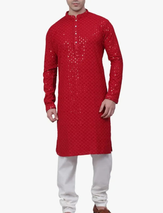 Awadhmart Men's Chikankari Embroidered and Sequence Only Kurta