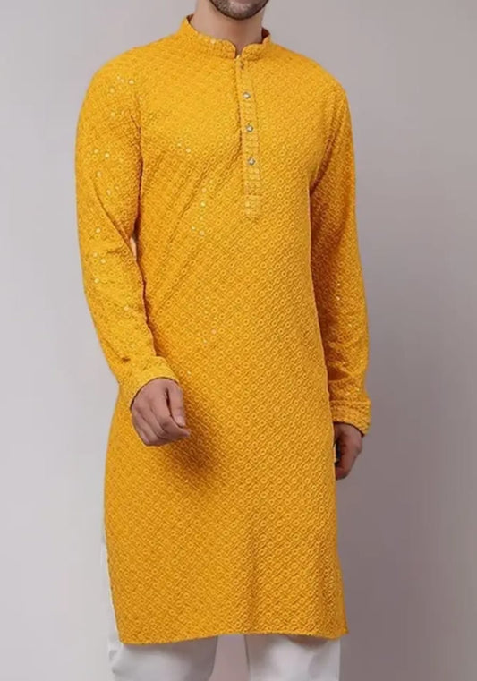 Awadhmart Men's Chikankari Embroidered and Sequence Only Kurta