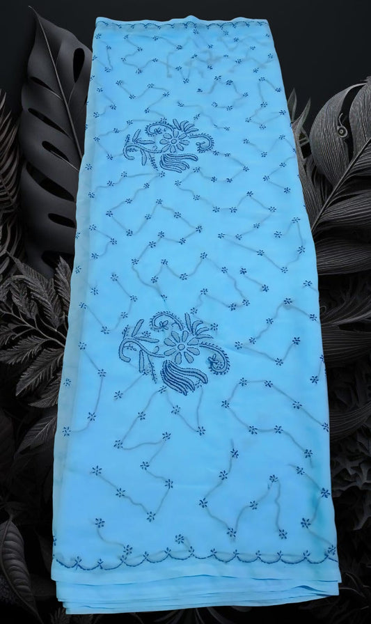 Awadhmart Chikan Hand Embroidered Lucknowi Chikankari Sky Blue Georgette Saree with Blouse Piece for Women