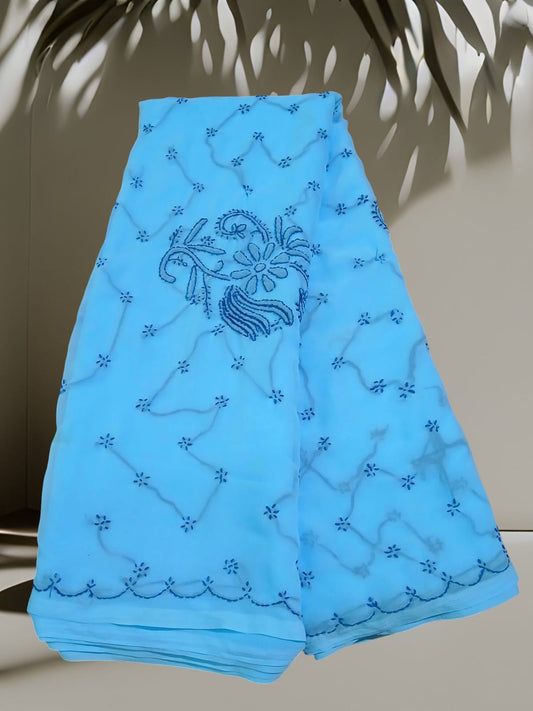 Awadhmart Chikan Hand Embroidered Lucknowi Chikankari Sky Blue Georgette Saree with Blouse Piece for Women