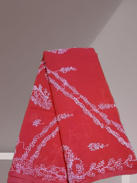 Awadhmart Chikan Hand Embroidered Lucknowi Chikankari Red Georgette Saree with Blouse Piece for Women