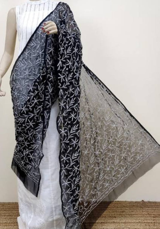 Awadhmart Lucknowi Chikankari Georgette Dupatta, Tepchi Work, 100% Hand Embroidered