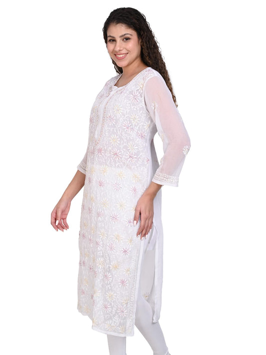 Awadhmart Lucknowi Hand Embroidered Chikankari Straight Georgette White Stone Kurti with inner for Women