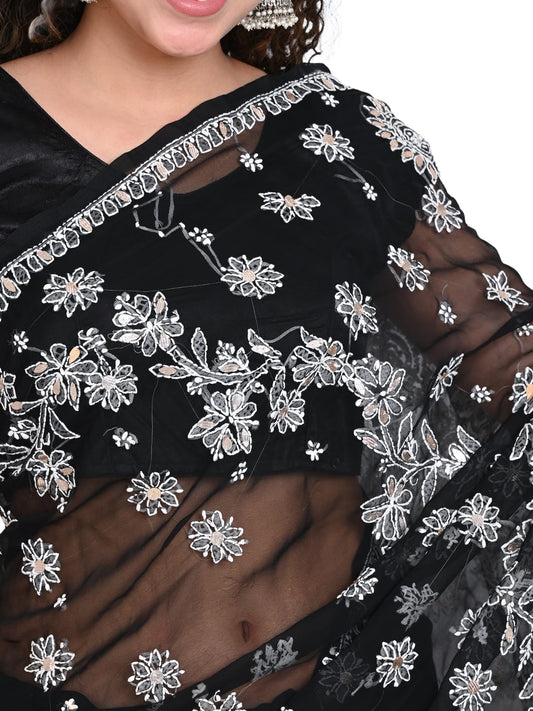 Awadhmart Lucknowi Chikankari Hand Embroidered Gotta Patti Work Saree With Blouse