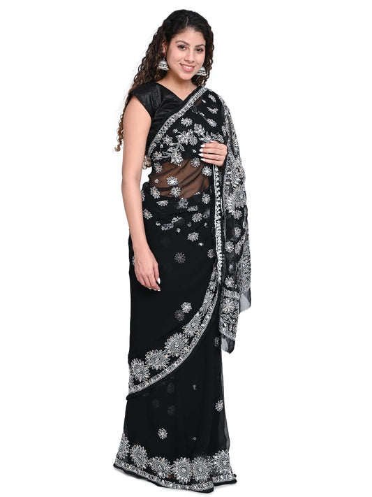 Awadhmart Lucknowi Chikankari Hand Embroidered Gotta Patti Work Saree With Blouse