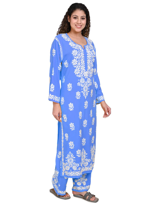 Awadhmart Lucknowi Chikankari Hand Embroidered Elegant Kurti and Plazo Set
