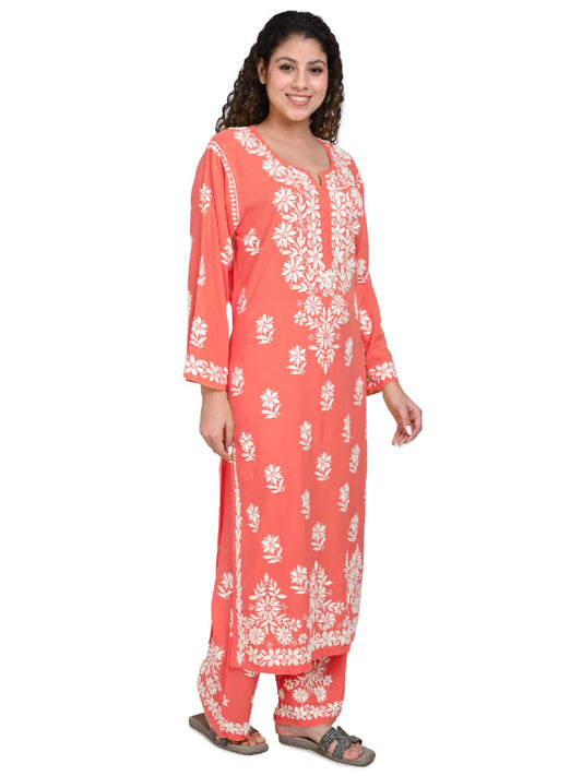 Awadhmart Lucknowi Chikankari Hand Embroidered Elegant Kurti and Plazo Set