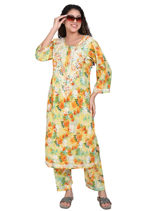 Awadhmart Fashion Lucknowi Women's Chikankari Hand Embroidered Mulmul Kurti & Palazzo Set