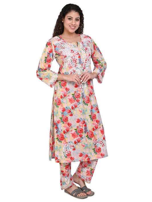 Awadhmart Fashion Lucknowi Women's Chikankari Hand Embroidered Mulmul Kurti & Palazzo Set