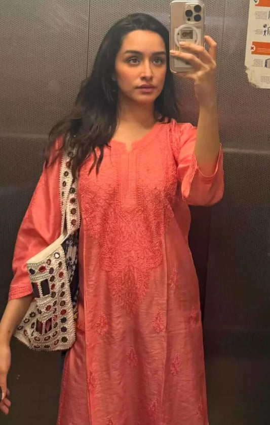 Awadhmart Hand Embroidered Lucknowi Chikankari Chanderi Kurta for Women