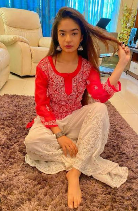 Awadhmart Hand Embroidered Lucknowi Chikankari Faux Georgette Top Short Kurti Tunic with Slip for Women