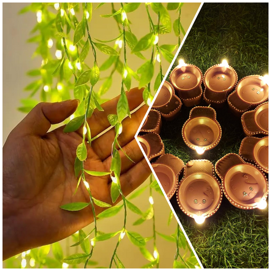 Awadhmart Combo of Decorative String Leaf Lights (2 Sets) and Water Sensor Diyas (6 Pcs) – Festive Home Décor Lighting for Diwali, Pooja & Parties