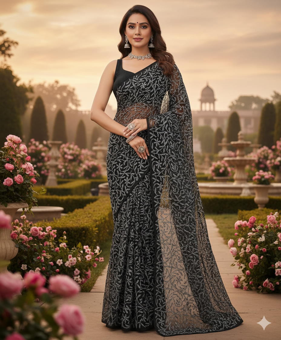Woman in a black saree with floral patterns standing in a garden with pink flowers and a fountain.