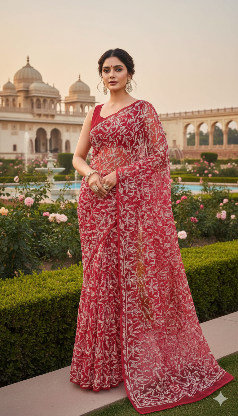 Woman in a red saree with white patterns standing in a garden with architectural structures in the background