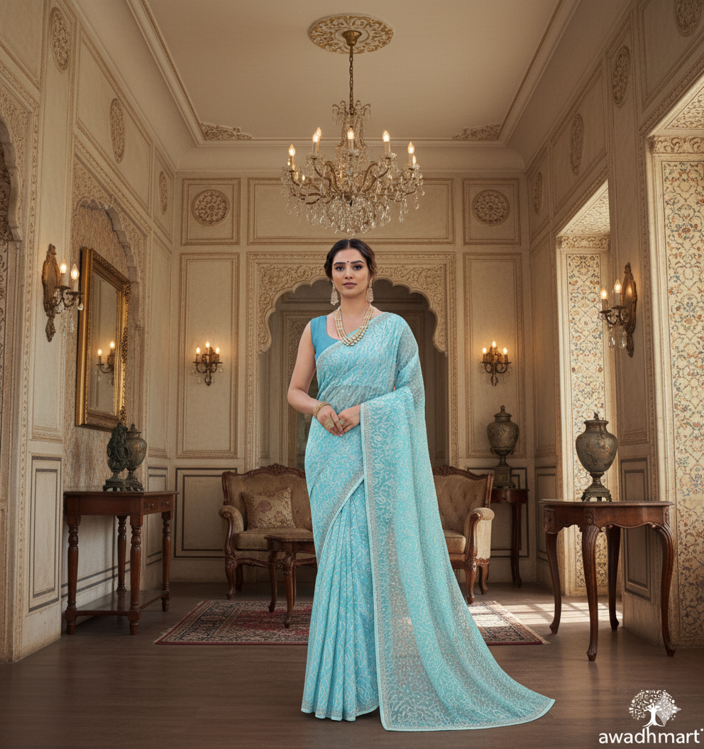 Woman in a light blue saree standing in an ornate room with a chandelier.