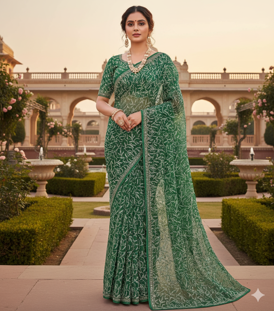 Woman in a green saree standing in a garden with architectural structures in the background